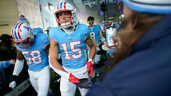Tennessee Titans linebacker Harold Landry III (58), wide receiver Nick Westbrook-Ikhine (15) and quarterback Will Levis (8) prepare to hit the field before the game against the Houston Texans.