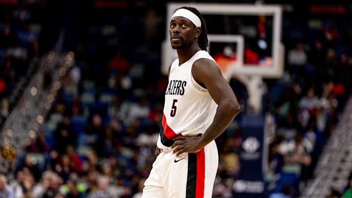 Nov 12, 2025; New Orleans, Louisiana, USA; Portland Trail Blazers guard Jrue Holiday (5) looks on against the New Orleans Pelicans during the second half at Smoothie King Center. Nov 12, 2025; New Orleans, Louisiana, USA; Portland Trail Blazers guard Jrue Holiday (5) looks on against the New Orleans Pelicans during the second half at Smoothie King Center.