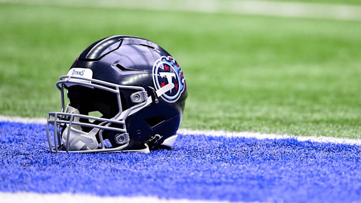 Oct 8, 2023; Indianapolis, Indiana, USA;  A Tennessee Titans helmet sits in the end zone before the game against the Indianapolis Colts at Lucas Oil Stadium. Mandatory Credit: Marc Lebryk-Imagn Images