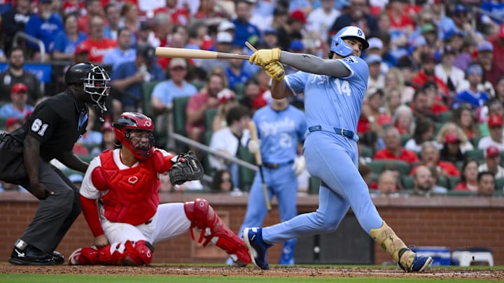 St. Louis, Missouri, USA; Kansas City Royals right fielder Jac Caglianone (14) breaks his bat as he grounds out against the St. Louis Cardinals during the third inning at Busch Stadium.