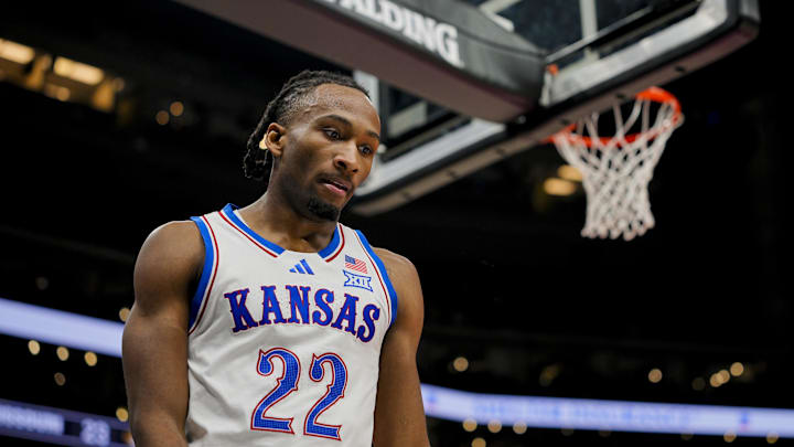 Dec 7, 2025; Kansas City, Missouri, USA; Kansas Jayhawks guard Darryn Peterson (22) reacts during the first half against the Missouri Tigers at T-Mobile Center. Mandatory Credit: Jay Biggerstaff-Imagn Images