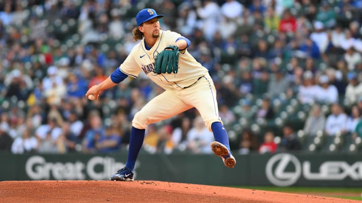 Seattle Mariners starting pitcher Logan Gilbert throws against the Oakland Athletics on Sept. 29 at T-Mobile Park. Seattle Mariners starting pitcher Logan Gilbert throws against the Oakland Athletics on Sept. 29 at T-Mobile Park.