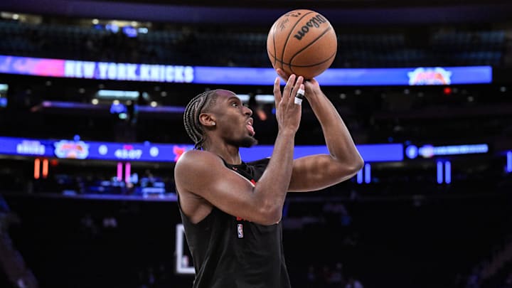 Apr 1, 2025; New York, New York, USA; Philadelphia 76ers guard Tyrese Maxey (0) warms up before a game against the New York Knicks at Madison Square Garden. Mandatory Credit: John Jones-Imagn Images