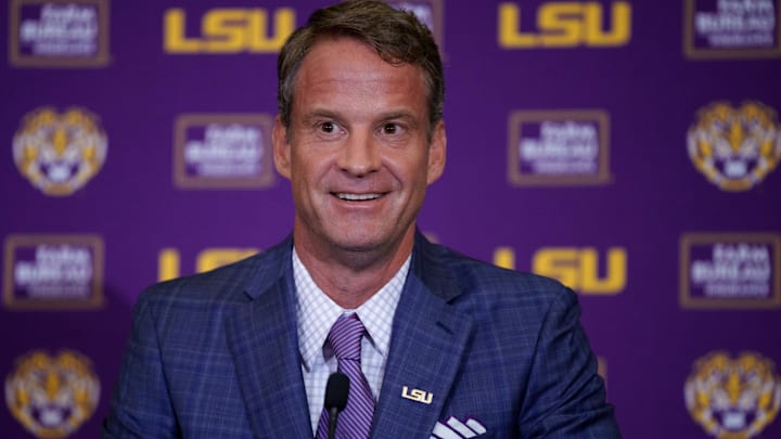 Dec 1, 2025; Baton Rouge, LA, USA; LSU new head coach Lane Kiffin speaks at South Stadium Club at Tiger Stadium. Mandatory Credit: Matthew Hinton-Imagn Images Dec 1, 2025; Baton Rouge, LA, USA; LSU new head coach Lane Kiffin speaks at South Stadium Club at Tiger Stadium. Mandatory Credit: Matthew Hinton-Imagn Images