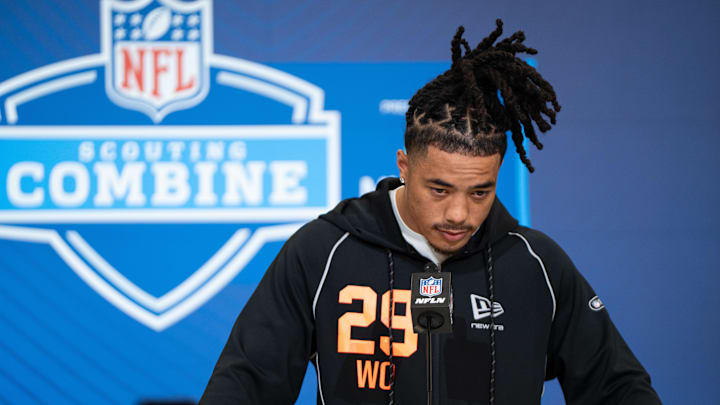 Feb 27, 2026; Indianapolis, IN, USA; Southern California wideout Makai Lemon (WO29) speaks to members of the media during the NFL Combine at the Indiana Convention Center. Mandatory Credit: Jacob Musselman-Imagn Images