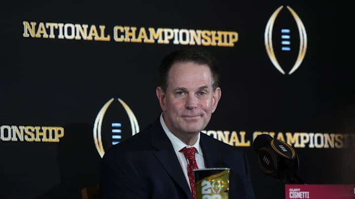 Jan 18, 2026; Miami, FL, USA; Indiana Hoosiers coach Curt Cignetti at the CFP head coaches press conference at JW Marriott Marquis Miami. Mandatory Credit: Kirby Lee-Imagn Images