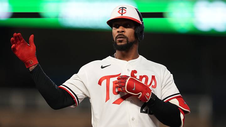 Aug 17, 2026; Minneapolis, Minnesota, USA; Minnesota Twins center fielder Byron Buxton (25) reacts after hitting a single during the fourth inning against the Atlanta Braves at Target Field. Mandatory Credit: Jordan Johnson-Imagn Images Aug 17, 2026; Minneapolis, Minnesota, USA; Minnesota Twins center fielder Byron Buxton (25) reacts after hitting a single during the fourth inning against the Atlanta Braves at Target Field. Mandatory Credit: Jordan Johnson-Imagn Images