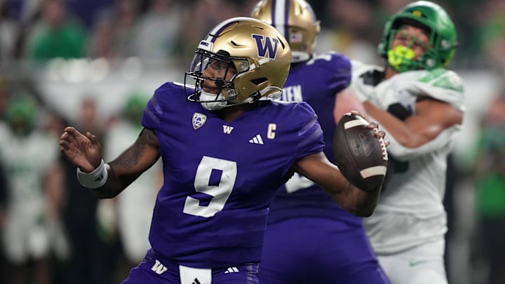 Dec 1, 2023; Las Vegas, NV, USA; Washington Huskies quarterback Michael Penix Jr. (9) throws the