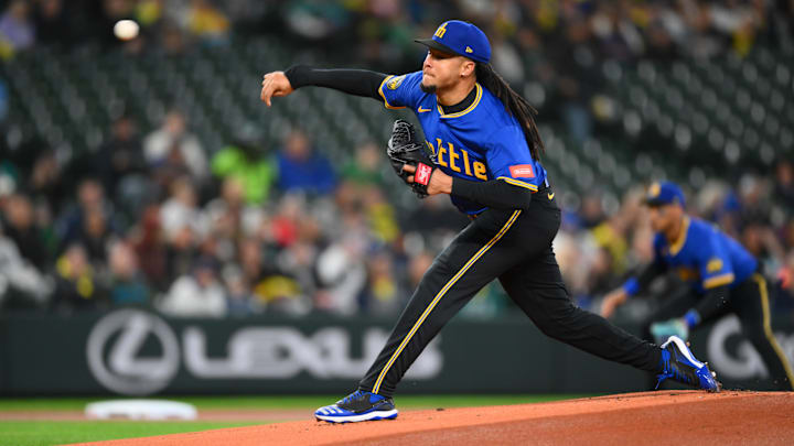 Seattle Mariners starting pitcher Luis Castillo throws during a game against the Athletics on March 28 at T-Mobile Mark.