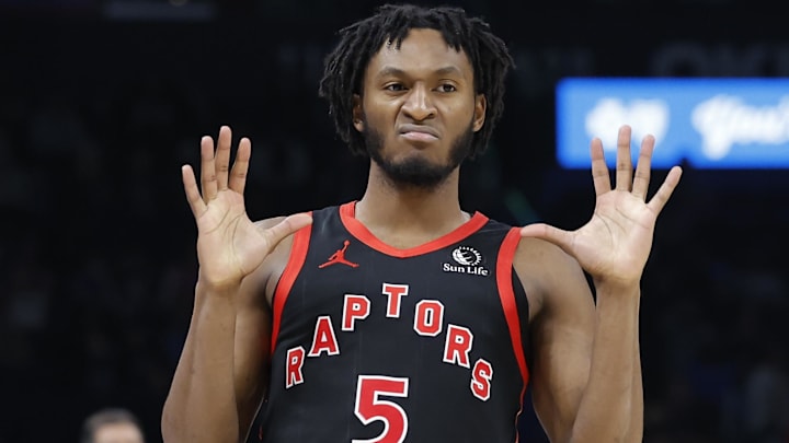 Jan 25, 2026; Oklahoma City, Oklahoma, USA; Toronto Raptors guard Immanuel Quickley (5) gestures after scoring a three point basket against the Oklahoma City Thunder during the second half at Paycom Center. Mandatory Credit: Alonzo Adams-Imagn Images