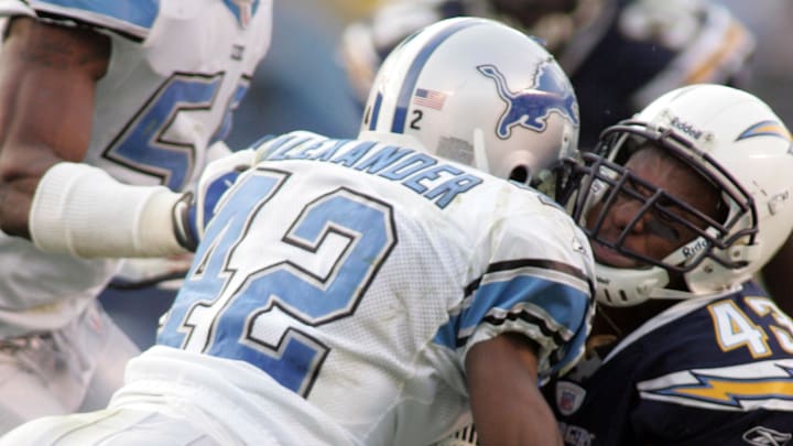 Dec 16, 2007; San Diego, CA, USA;  San Diego Chargers running back (43) Darren Sproles is tackled by Detroit Lions safety (42) Gerald Alexander during the 2nd half at Qualcomm Stadium. Mandatory Credit: Photo By Stan Liu-USA TODAY Sports
