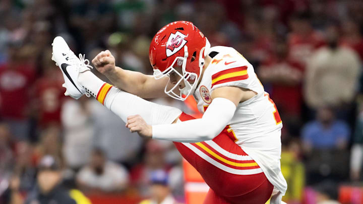 Feb 9, 2025; New Orleans, LA, USA;  Kansas City Chiefs punter Matt Araiza (14) against the Philadelphia Eagles in Super Bowl LIX at Ceasars Superdome. 