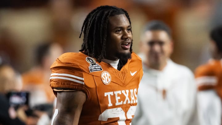 Dec 21, 2024; Austin, Texas, USA; Texas Longhorns running back Jaydon Blue (23) against the Clemson Tigers during the CFP National playoff first round at Darrell K Royal-Texas Memorial Stadium. Mandatory Credit: Mark J. Rebilas-Imagn Images