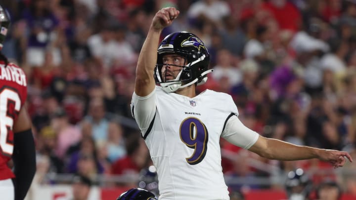 Aug 26, 2023; Tampa, Florida, USA; Baltimore Ravens place kicker Justin Tucker (9) makes a field goal against the Tampa Bay Buccaneers during the second quarter at Raymond James Stadium. Mandatory Credit: Kim Klement Neitzel-USA TODAY Sports Aug 26, 2023; Tampa, Florida, USA; Baltimore Ravens place kicker Justin Tucker (9) makes a field goal against the Tampa Bay Buccaneers during the second quarter at Raymond James Stadium. Mandatory Credit: Kim Klement Neitzel-USA TODAY Sports