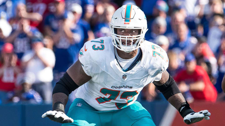 Miami Dolphins lineman Austin Jackson (73) prepares for a block against the Buffalo Bills in the fourth quarter at Highmark Stadium. 