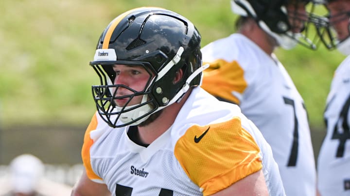 Jul 25, 2025; Pittsburgh, PA, USA; Pittsburgh Steelers center Zach Frazier (54) participates in drills during training camp at Saint Vincent College. Mandatory Credit: Barry Reeger-Imagn Images