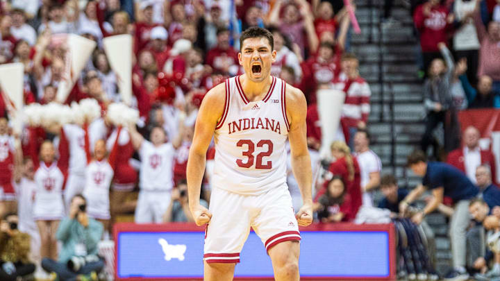 Indiana's Trey Galloway (32) celebrates during the Indiana versus Penn St. mens basketball game at Simon Skjodt Assembly Hall on Wednesday, Feb. 26, 2025.