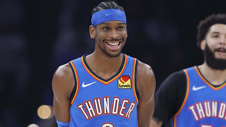 Jan 27, 2026; Oklahoma City, Oklahoma, USA; Oklahoma City Thunder guard Shai Gilgeous-Alexander (2) smiles during a time out against the New Orleans Pelicans during the second quarter at Paycom Center. Mandatory Credit: Alonzo Adams-Imagn Images