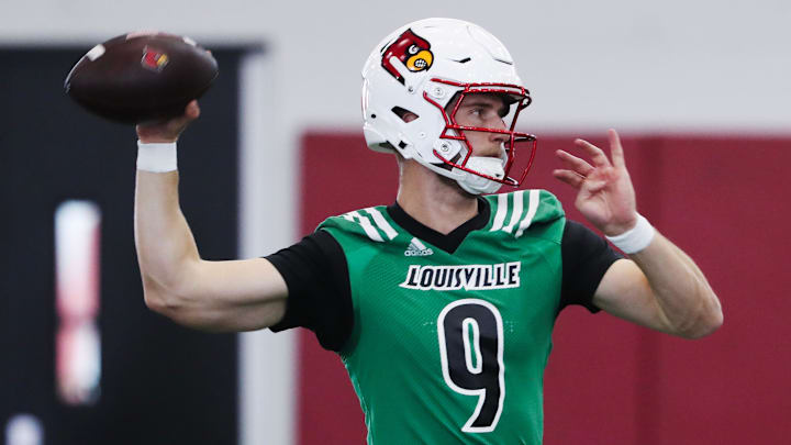 Louisville football QB Tyler Shough (9) during spring practice at the Trager practice facility in Louisville, Ky. on Mar. 19, 2024