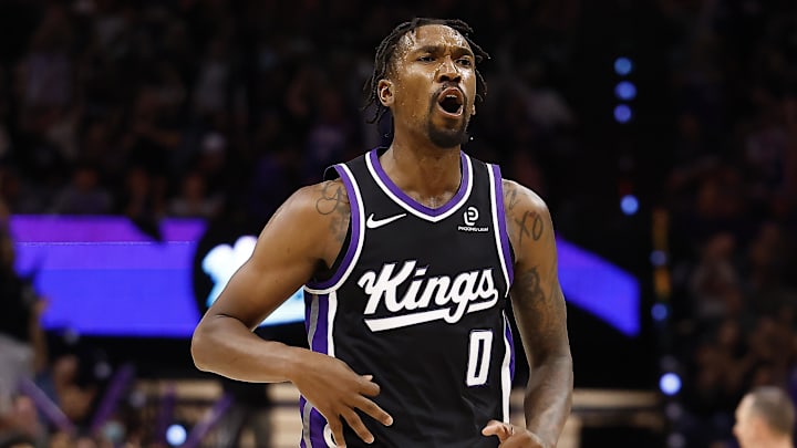 Oct 24, 2025; Sacramento, California, USA; Sacramento Kings guard Malik Monk (0) celebrates after scoring a three point basket at the buzzer of the third quarter against the Utah Jazz at Golden 1 Center. Mandatory Credit: Kelley L Cox-Imagn Images
