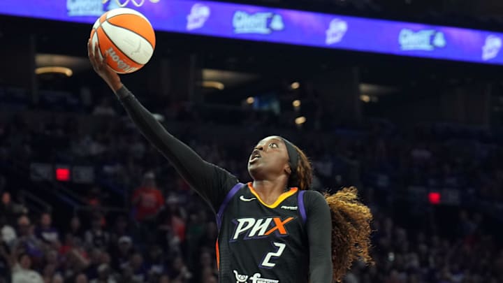 Oct 10, 2025; Phoenix, Arizona, USA; Phoenix Mercury guard Kahleah Copper (2) puts up a layup against the Las Vegas Aces during the second half of game four of the 2025 WNBA Finals at Mortgage Matchup Center. Mandatory Credit: Joe Camporeale-Imagn Images