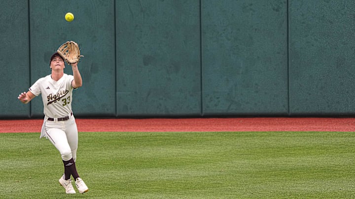 Texas A&M outfielder Allie Enright (33) catches a fly ball during the NCAA Regional game against the Texas Longhorns at Red & Charline McCombs Field on Sunday, May 21, 2023 in Austin.