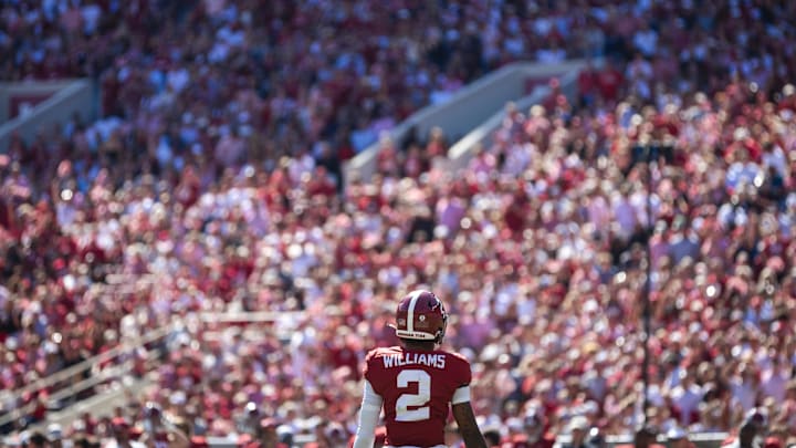 Oct 12, 2024; Tuscaloosa, Alabama, USA; Alabama Crimson Tide wide receiver Ryan Williams (2) looks toward the crowd during the fourth quarter at Bryant-Denny Stadium. Mandatory Credit: Will McLelland-Imagn Images