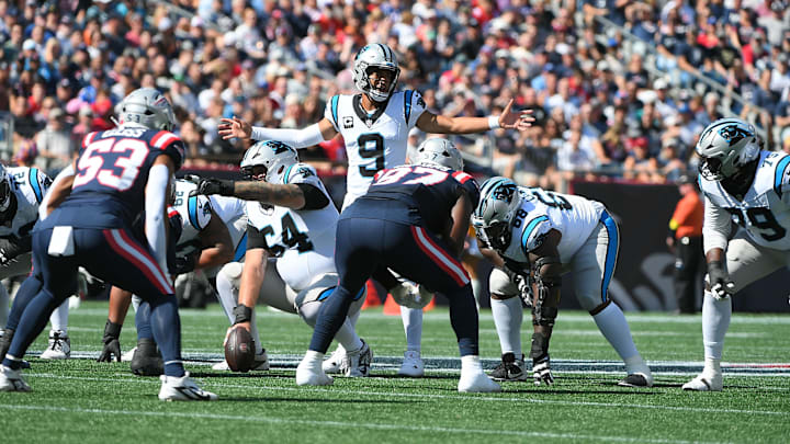 Sep 28, 2025; Foxborough, Massachusetts, USA; Carolina Panthers quarterback Bryce Young (9) directs the offense during the first half against the New England Patriots at Gillette Stadium. Mandatory Credit: Bob DeChiara-Imagn Images