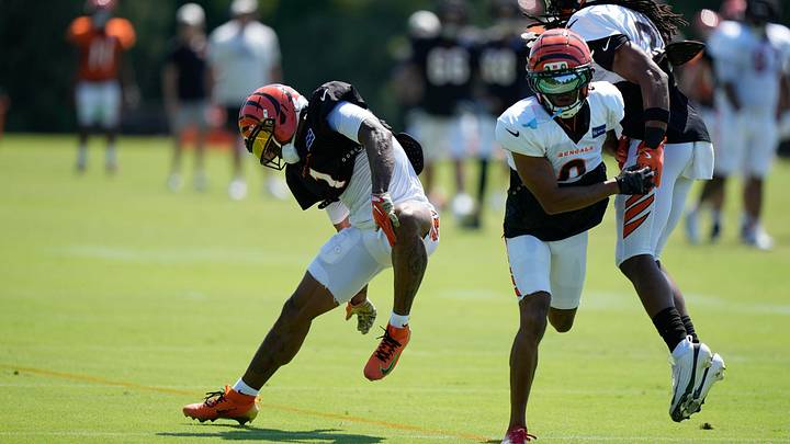 Cincinnati Bengals wide receiver Ja'Marr Chase goes down with an apparent injury at practice on Tuesday, Aug. 25.
