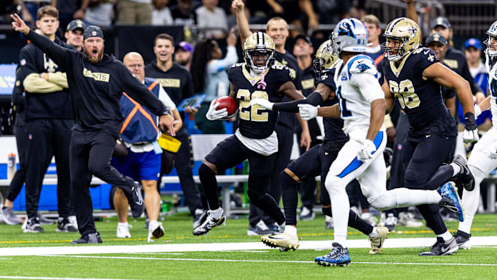 New Orleans Saints wide receiver Rashid Shaheed (22) runs a punt back against the Carolina Panthers New Orleans Saints wide receiver Rashid Shaheed (22) runs a punt back against the Carolina Panthers