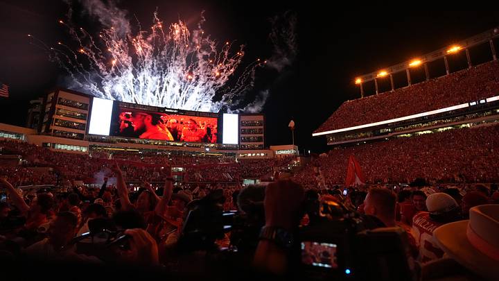 Sep 12, 2026; Austin, Texas, USA; The No. 4 Texas Longhorns and their fans celebrate after defeating the No. 1 Ohio State Buckeyes 24-23 at Darrell K Royal-Texas Memorial Stadium. Photo by Scott Wachter 