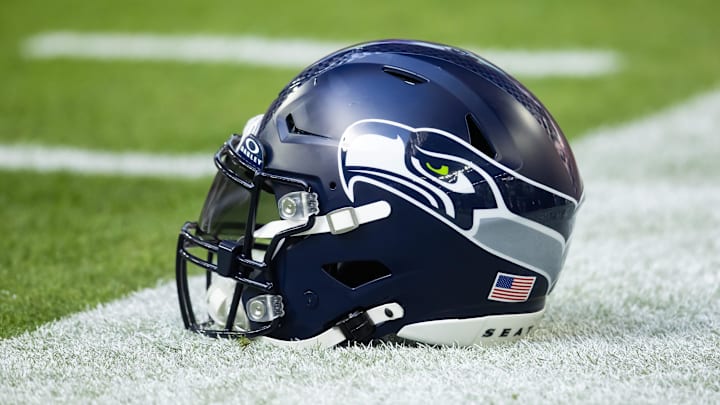 Detailed view of a Seattle Seahawks helmet at State Farm Stadium. 