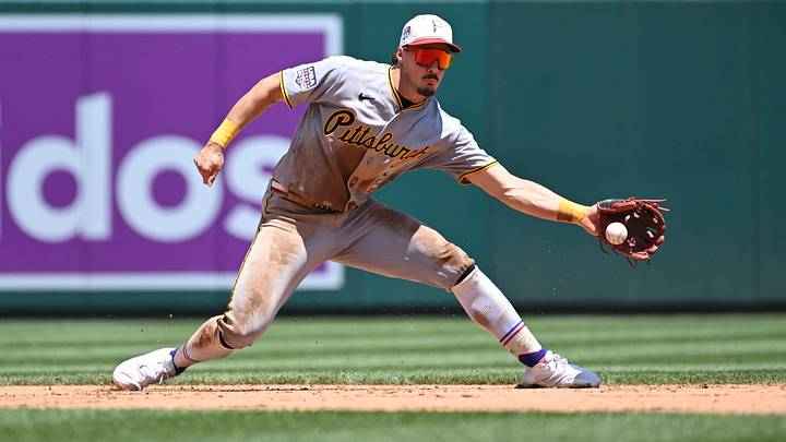 Jul 4, 2026; Washington, District of Columbia, USA; Pittsburgh Pirates shortstop Konnor Griffin (6) fields a ground ball against the Washington Nationals during the fifth inning at Nationals Park. Mandatory Credit: Rafael Suanes-Imagn Images