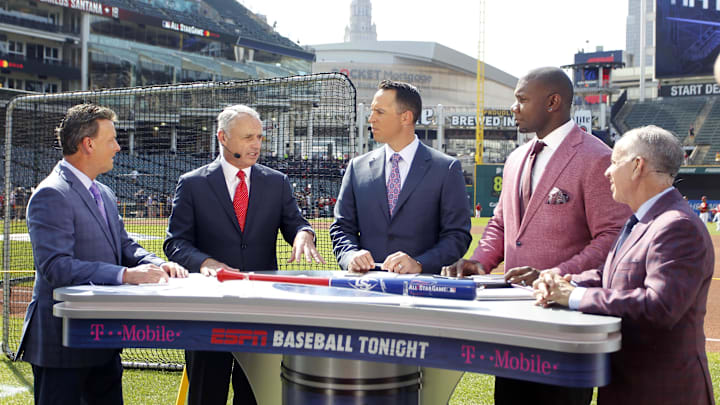 Jul 9, 2019; Cleveland, OH, USA; MLB commissioner Rob Manfred is interviewed on the ESPN set prior to the 2019 MLB All Star Game at Progressive Field. Mandatory Credit: Charles LeClaire-Imagn Images Jul 9, 2019; Cleveland, OH, USA; MLB commissioner Rob Manfred is interviewed on the ESPN set prior to the 2019 MLB All Star Game at Progressive Field. Mandatory Credit: Charles LeClaire-Imagn Images