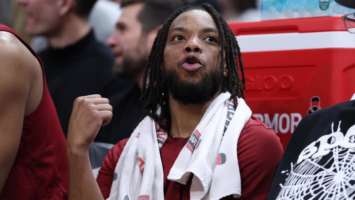 Apr 2, 2024; Salt Lake City, Utah, USA; Cleveland Cavaliers guard Darius Garland (10) reacts to a play against the Utah Jazz during the fourth quarter at Delta Center. Mandatory Credit: Rob Gray-USA TODAY Sports