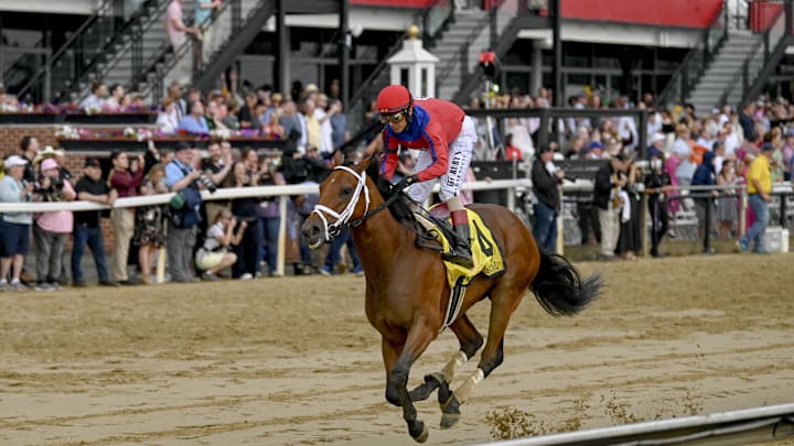 May 16, 2025; Baltimore, Maryland, USA; Awesome Aaron (4) with John R. Velazquez up wins the Race 12 - the Pimlico Special Stakes on Black-Eyed Susan day. May 16, 2025; Baltimore, Maryland, USA; Awesome Aaron (4) with John R. Velazquez up wins the Race 12 - the Pimlico Special Stakes on Black-Eyed Susan day.