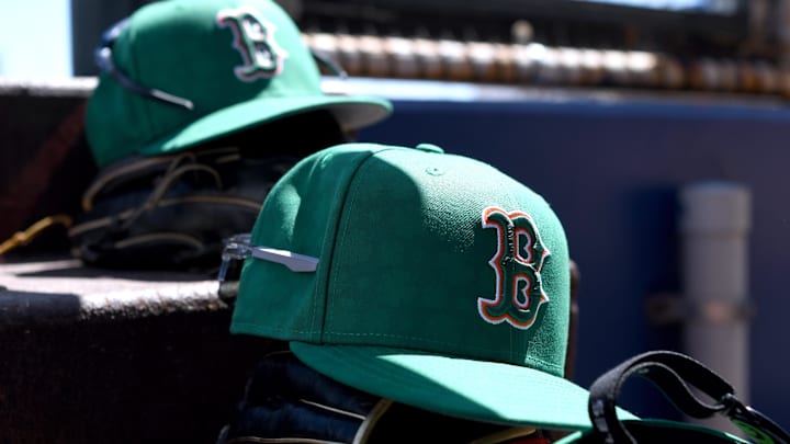 Mar 17, 2025; North Port, Florida, USA; Boston Red Sox hats on the stairs to the dugout before the start of the game between the Atlanta Braves and Boston Red Sox during spring training at CoolToday Park. Mandatory Credit: Jonathan Dyer-Imagn Images Mar 17, 2025; North Port, Florida, USA; Boston Red Sox hats on the stairs to the dugout before the start of the game between the Atlanta Braves and Boston Red Sox during spring training at CoolToday Park. Mandatory Credit: Jonathan Dyer-Imagn Images