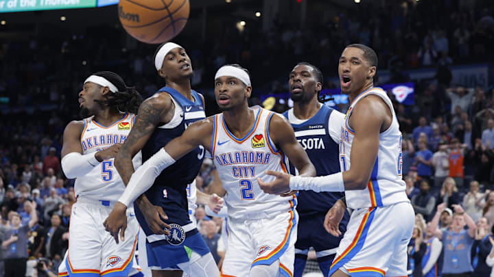 Feb 24, 2025; Oklahoma City, Oklahoma, USA; Oklahoma City Thunder guard Shai Gilgeous-Alexander (2) reacts after a play against the Minnesota Timberwolves during the second half at Paycom Center. Mandatory Credit: Alonzo Adams-Imagn Images Feb 24, 2025; Oklahoma City, Oklahoma, USA; Oklahoma City Thunder guard Shai Gilgeous-Alexander (2) reacts after a play against the Minnesota Timberwolves during the second half at Paycom Center. Mandatory Credit: Alonzo Adams-Imagn Images