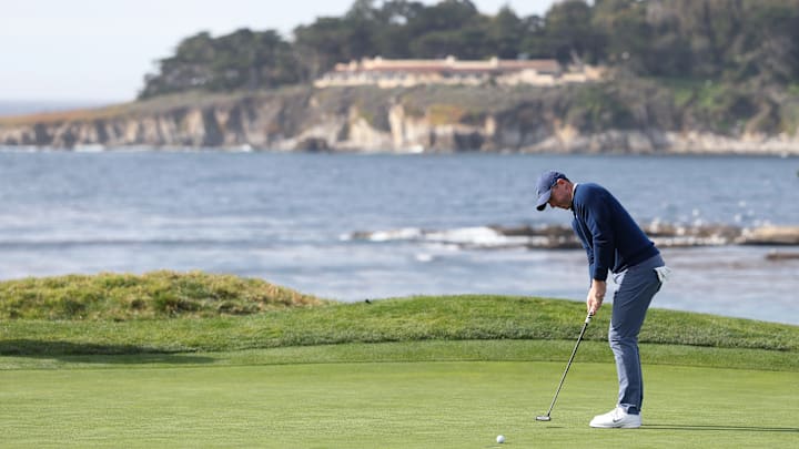 Rory McIlroy rolls a putt during the final round of the 2025 AT&T Pebble Beach Pro-Am.