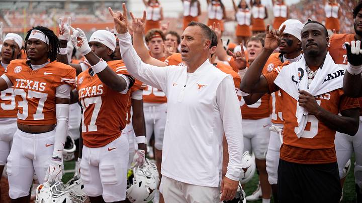 Sep 6, 2025; Austin, Texas, USA; Texas Longhorns head coach Steve Sarkisian and players