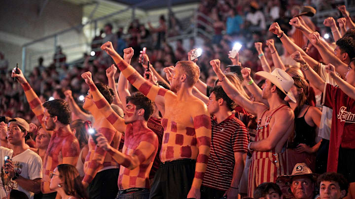 Sep 21, 2024; Tallahassee, Florida, USA; Florida State Seminoles fans before the start of the fourth quarter against the California Golden Bears at Doak S. Campbell Stadium. Mandatory Credit: Melina Myers-Imagn Images