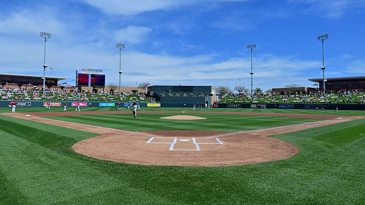 Mar 14, 2023; Salt River Pima-Maricopa, Arizona, USA; General view of the field prior to a Spring Training game between the Arizona Diamondbacks and the San Francisco Giants at Salt River Fields at Talking Stick. Mandatory Credit: Matt Kartozian-Imagn Images
