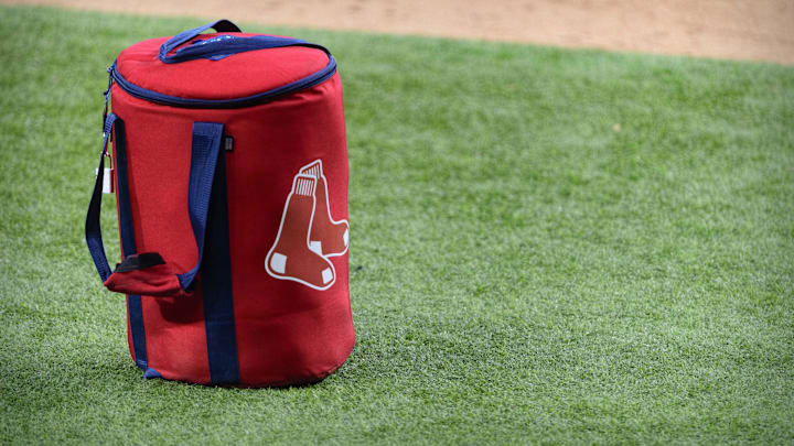 Apr 29, 2021; Arlington, Texas, USA; A view of the Boston Red Sox logo and a field bag during batting practice before the game between the Texas Rangers and the Boston Red Sox at Globe Life Field. Mandatory Credit: Jerome Miron-Imagn Images Apr 29, 2021; Arlington, Texas, USA; A view of the Boston Red Sox logo and a field bag during batting practice before the game between the Texas Rangers and the Boston Red Sox at Globe Life Field. Mandatory Credit: Jerome Miron-Imagn Images