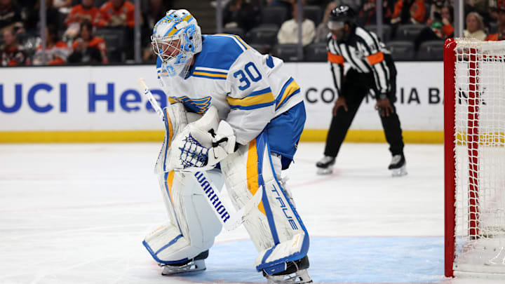 Mar 8, 2026; Anaheim, California, USA; St. Louis Blues goaltender Joel Hofer (30) looks on during the second period against the Anaheim Ducks at Honda Center. Mandatory Credit: Kiyoshi Mio-Imagn Images Mar 8, 2026; Anaheim, California, USA; St. Louis Blues goaltender Joel Hofer (30) looks on during the second period against the Anaheim Ducks at Honda Center. Mandatory Credit: Kiyoshi Mio-Imagn Images