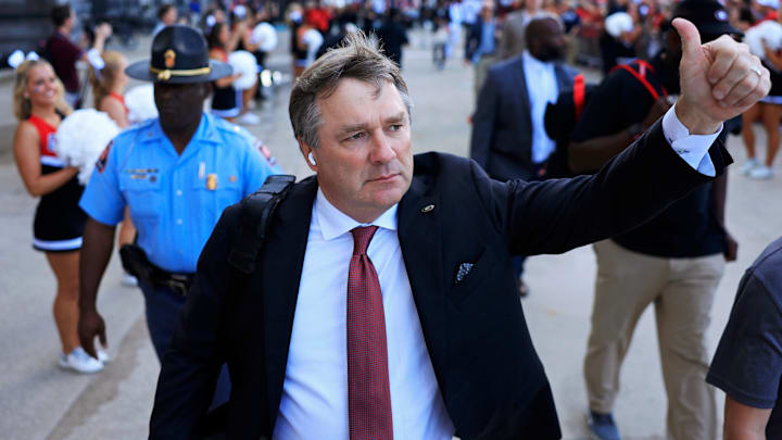 Georgia Bulldogs head coach Kirby Smart gives a thumbs up he arrives for the Dawg Walk before an NCAA college football matchup against the Florida Gators Saturday, Nov. 2, 2024 at EverBank Stadium in Jacksonville, Fla. [Corey Perrine/Florida Times-Union]