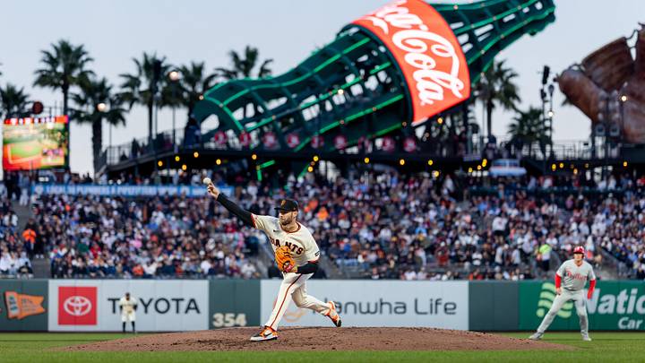 Apr 6, 2026; San Francisco, California, USA; San Francisco Giants pitcher Adrian Houser (12) throws a pitch during the second inning against the Philadelphia Phillies at Oracle Park. Mandatory Credit: Bob Kupbens-Imagn Images