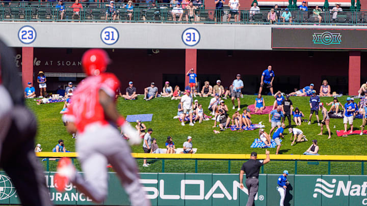 Mesa, Arizona, USA; A general view of the home run hit by Los Angeles Angels infielder Tim Anderson (77) in the first inning on a spring training game against the Chicago Cubs at Sloan Park.