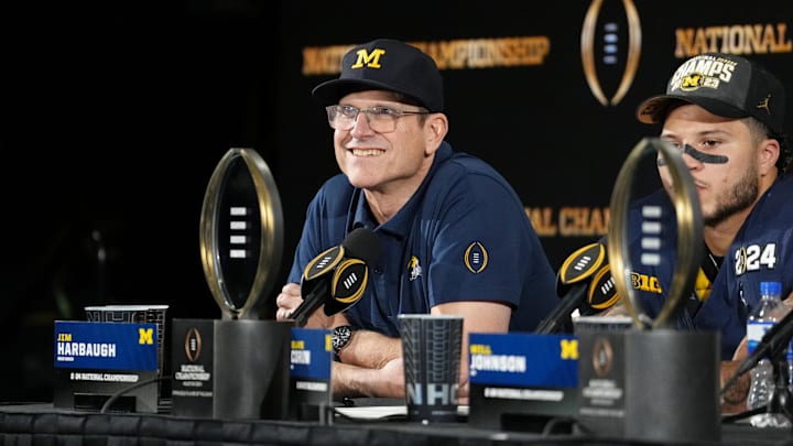 Jan 8, 2024; Houston, TX, USA; Michigan Wolverines head coach Jim Harbaugh smiles during a press