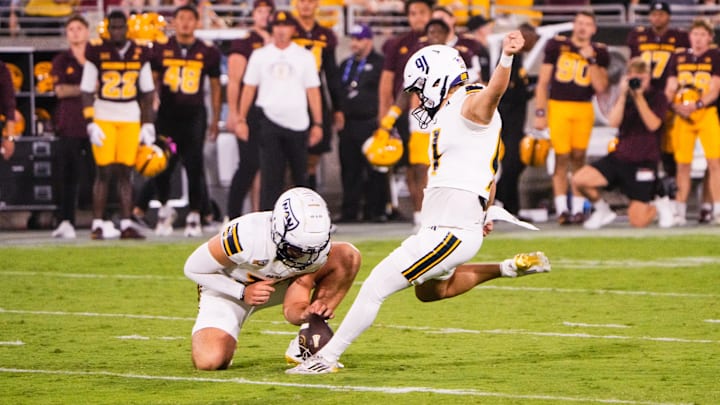 Aug 30, 2025; Tempe, Arizona, USA; Northern Arizona Lumberjacks place kicker Samuel Hunsaker (91) kicks a field goal to score for NAU during the second quarter of the game between Arizona State Sun Devils and Northern Arizona Lumberjacks at Mountain America Stadium. Mandatory Credit: Arianna Grainey-Imagn Images
