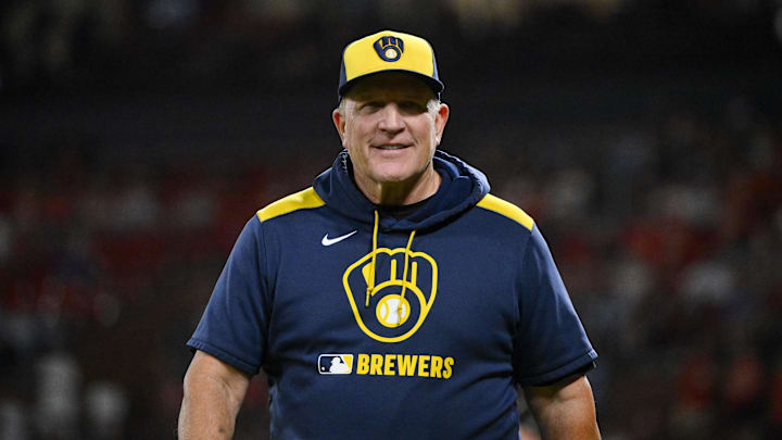 Sep 20, 2025; St. Louis, Missouri, USA; Milwaukee Brewers manager Pat Murphy (49) walks back to the dugout during the sixth inning against the St. Louis Cardinals at Busch Stadium. Mandatory Credit: Jeff Curry-Imagn Images